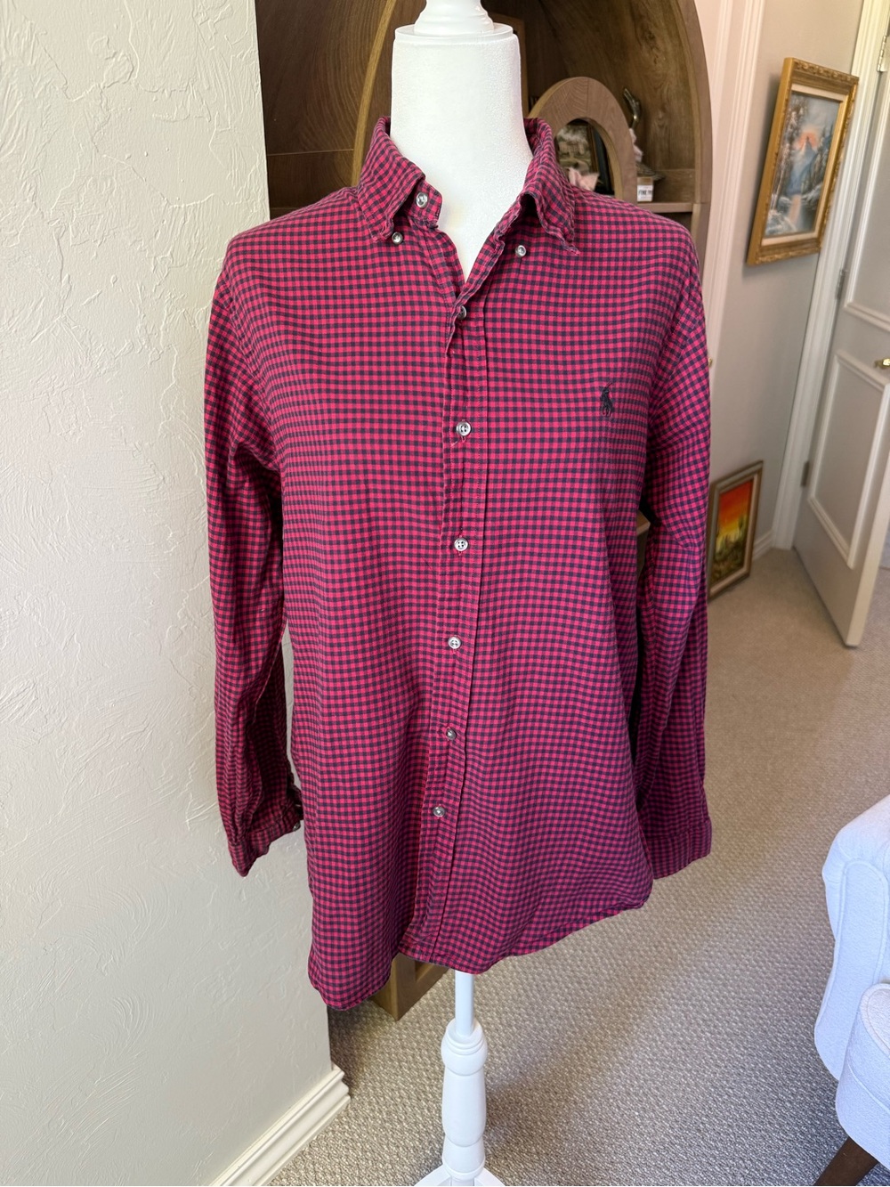 Ralph Lauren Men’s M Classic Fit Red Navy Gingham Check Button Down Shirt